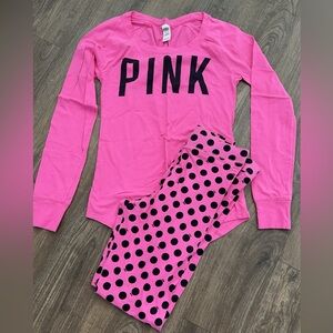 PINK Victorias Secret Pajama Set PJ’s SZ Medium Polka Dot Pink & Black